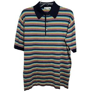 John Smedley Striped Knit Polo Shirt Size XL Sea Island Cotton